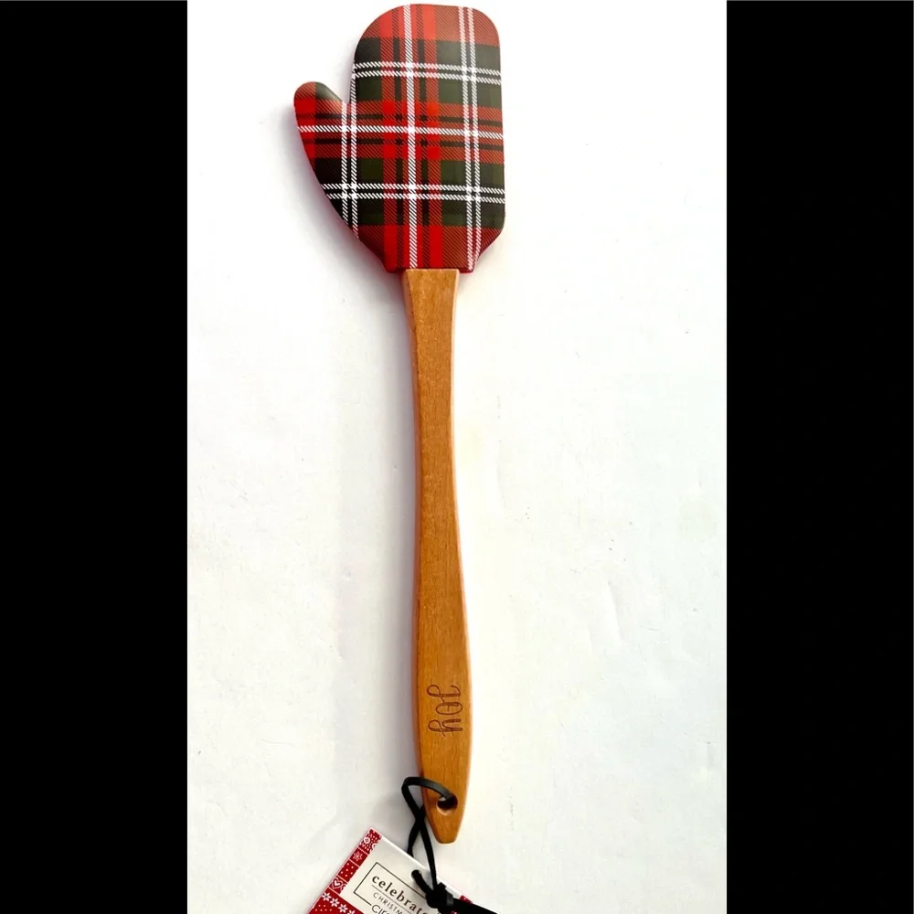 Christmas Mitten Shaped Plaid Silicone Spatula Wood Handle Joy Engraved - Picture 2 of 8